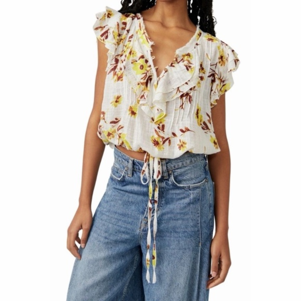 NWT Free People Naya Ruffled Drawstring-Hem Boho Top